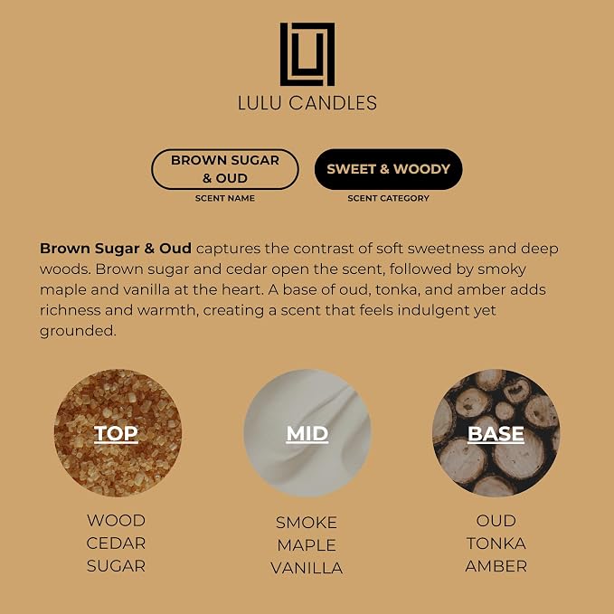 Lulu Candles | Brown Sugar & Oud | Luxury Scented Soy Jar Candle | Hand Poured in The USA | Highly Scented & Long Lasting- 9 Oz.