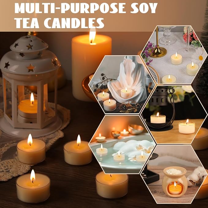 Soy Tealight Candles 25 Pack,6 Hours Long Burn Unscented White Tea Candles | Natural Soy Wax,Clean Burning,Clear Cup Design,Small Votives Bulk for Home Decor Wedding Spa Meditation and Wax Warmers