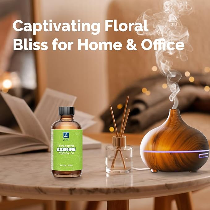 GM Gumili Jasmine Essential Oil 4 Oz, 100% Pure Jasmine Oil for Diffuser, Skin, Hair, Body & Face, Perfume, Floral Scent for Relaxation, Aromatherapy & Massage