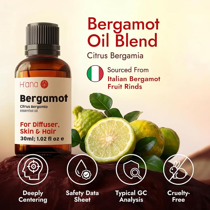 H'ana Bergamot Oil - 1.02 Fl Oz Bergamot Essential Oil for Hair, Skin, Diffuser, Aromatherapy & DIY