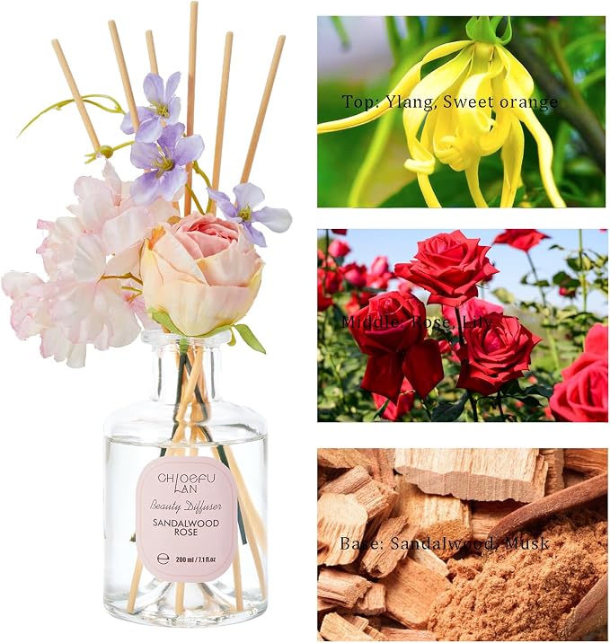 Premium Reéd Diffuser Set with Pink & Purple Flowers Reéd Diffuser Sticks Sandalwood Rose | 6.7oz Scent Fragrance Oil Diffuser for Bedroom Bathroom Home Shelf Décor
