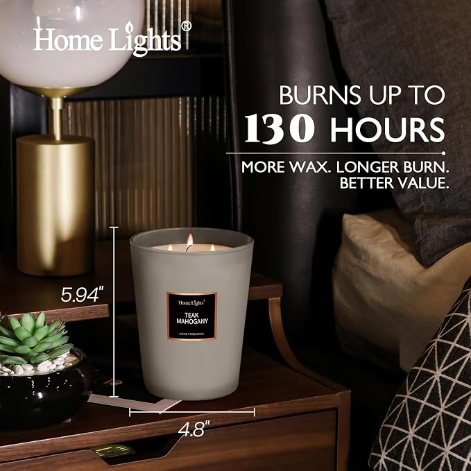 HomeLights Premium Scented Candles - 33.3 oz Natural Soy Wax, Aromatherapy for Home, Long Lasting Smokeless, 130 hrs Burn Time, 3 Cotton Wicks, Gifts for Women & Men - Teak Mahogany