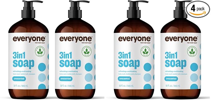 Everyone 3-in-1 Soap,Body Wash,Bubble Bath,Shampoo,32 Ounce,Unscented,made for Men and Women,(Pack of 4)