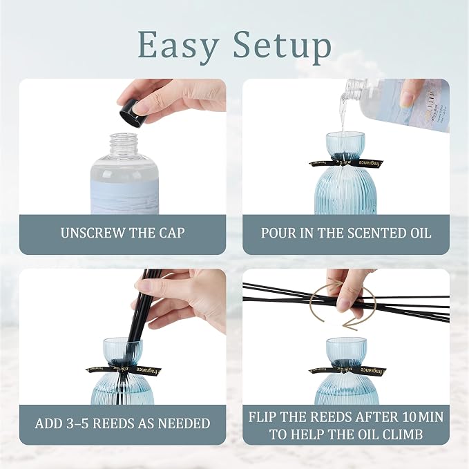 Airkeep Reed Diffuser Set 6.76 oz – Ocean Mist Decorative Home Fragrance with Eucalyptus Sticks, Ribbed Glass Diffuser for Bathroom & Bedroom Décor, Gift Ready