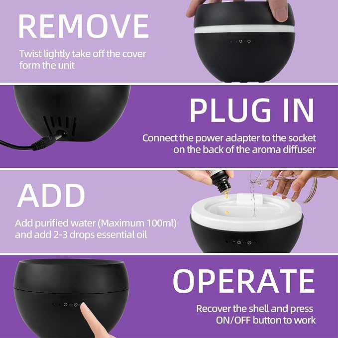 Essential Oil Diffuser,Cool Mist Humidifier with 2 Modes, Auto-Off Function | Small Ultrasonic Aromatherapy Diffuser, Fragrance Aroma Diffuser for Bedroom, Home Essentials, Scent Diffuser 100ml, Black