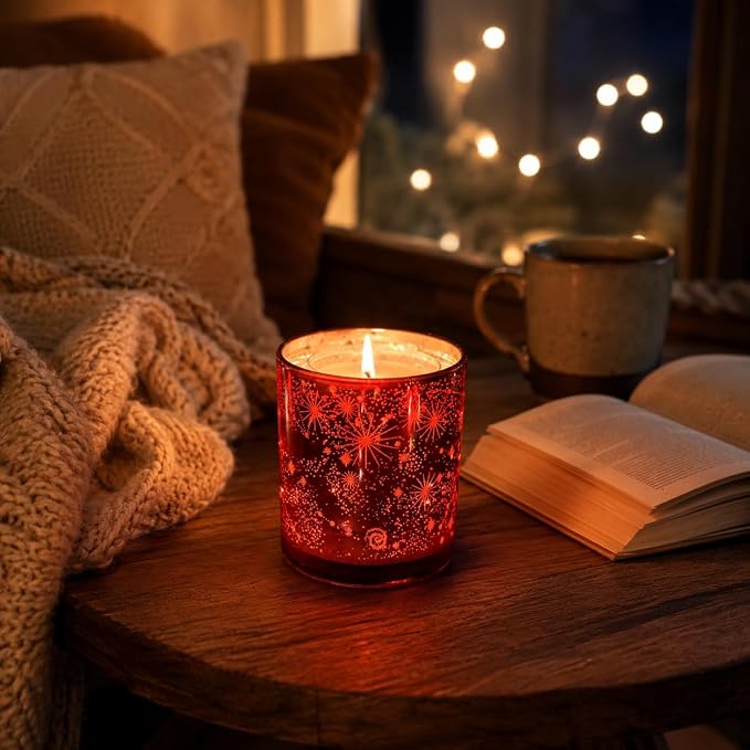 Viyffo 12oz Heat-Activated LED Light Up Scented Candle - Lavender & Eucalyptus, Non Toxic Soy Candle, Decorative Red Jar, Night Light Candle for Bedroom, Bathroom & Living Room, Novelty Gift