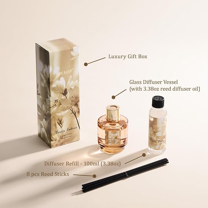 Airkeep Reed Diffuser Set with Refill & 8 Reed Sticks, 6.96 fl oz Vanilla Embrace Home Fragrance, Long Lasting Aromatherapy Diffuser for Bedroom, Bathroom & Living Room