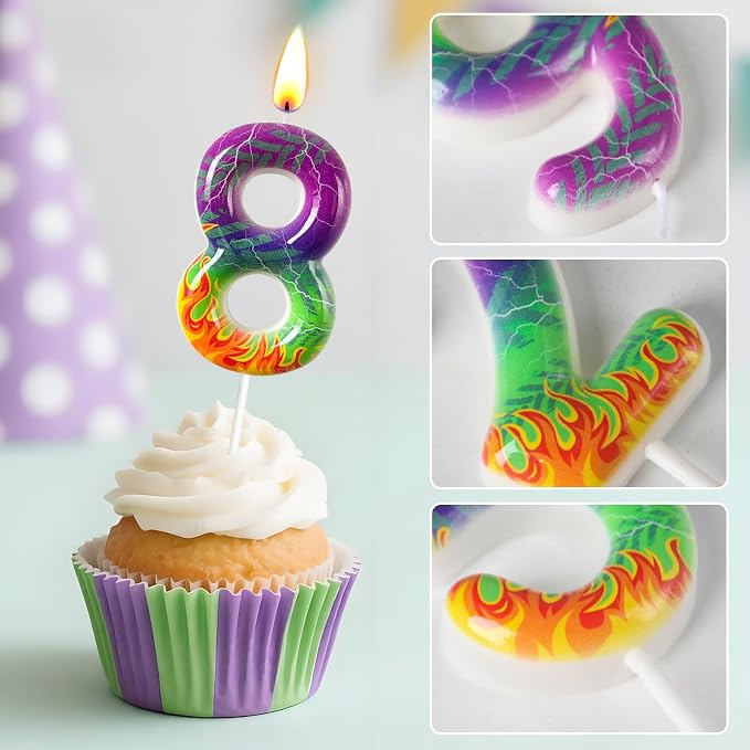 Number 8 Birthday Candle for Cake – Purple Green Flame Design with Lightning & Tire Track Pattern – Off-Road Truck Theme Cake Topper for Birthday Party Decoration