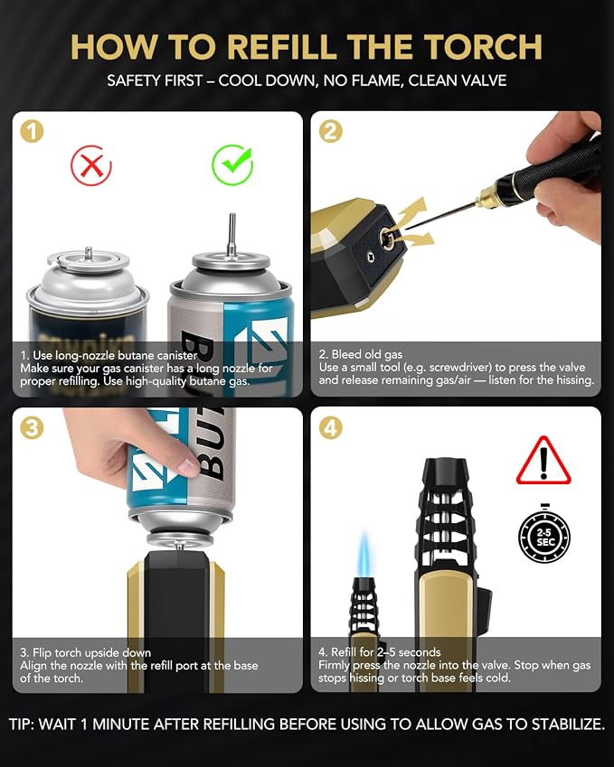 TBTeek Butane Torch Lighter 2 Pack, Adjustable Jet Flame Lighter, Refillable Blow Torch, Cooking Torch with Safety Lock for Kitchen, Baking, Candle, Camping, Gold(Gas Not Included)