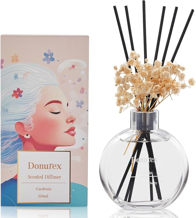 Flower Reed Diffuser Set 5.07oz Gardenia Scent Diffuser with Sticks Home Fragrance Reed Diffuser for Bathroom Shelf Decor