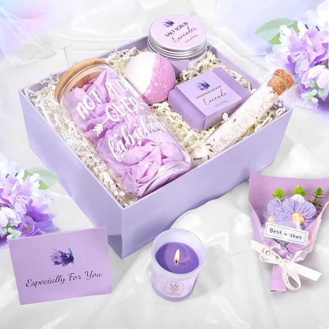 Spa Gift Baskets for Women, Lavender Birthday Gifts for Women, Relaxing Spa Kit Box, Bath and Body Gift Set for Her Mom Wife Sister Friends, Self Care Gift for Woman Mothers Day Christmas Idea