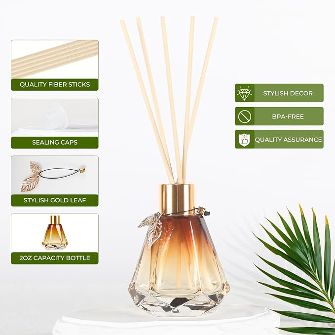 Reed Diffuser Set - 4 Empty Bottles with 20 Sticks, Delicate Gold Leaf Decor, Glass Fragrance Diffuser with Lids for Home, Bathroom | Refillable, Diamond Style (4 PCS Gold)