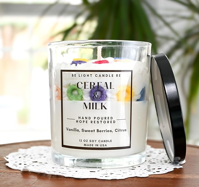 Cereal & Milk Candle | Purpose-Driven Soy Candles | Fun Cute Fruit Loops Candle | Cereal Bowl Food Gift Idea for Friend Birthday Bestfriend Mother's Day | Be Light Candle RE (Cereal & Milk)