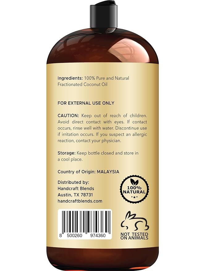 Handcraft Blends Fractionated Coconut Oil - 28 Fl Oz - 100% Pure and Natural - Premium Grade Carrier Oil for Skin and Hair - Hair and Body - Massage