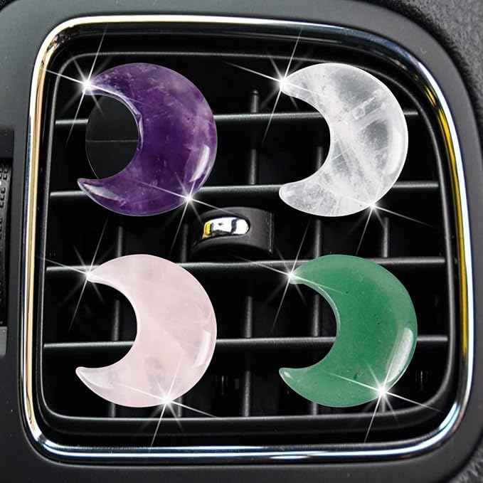 Crystal Moon Air Vent Clips,4 Pcs Quartz Moon Style Car Air Fresheners Vent Clips Car Diffuser Vent Clip Cute Cars Decoration Car Interior Decor Accessories for Women Men + Cute Sunflower Mask Hook