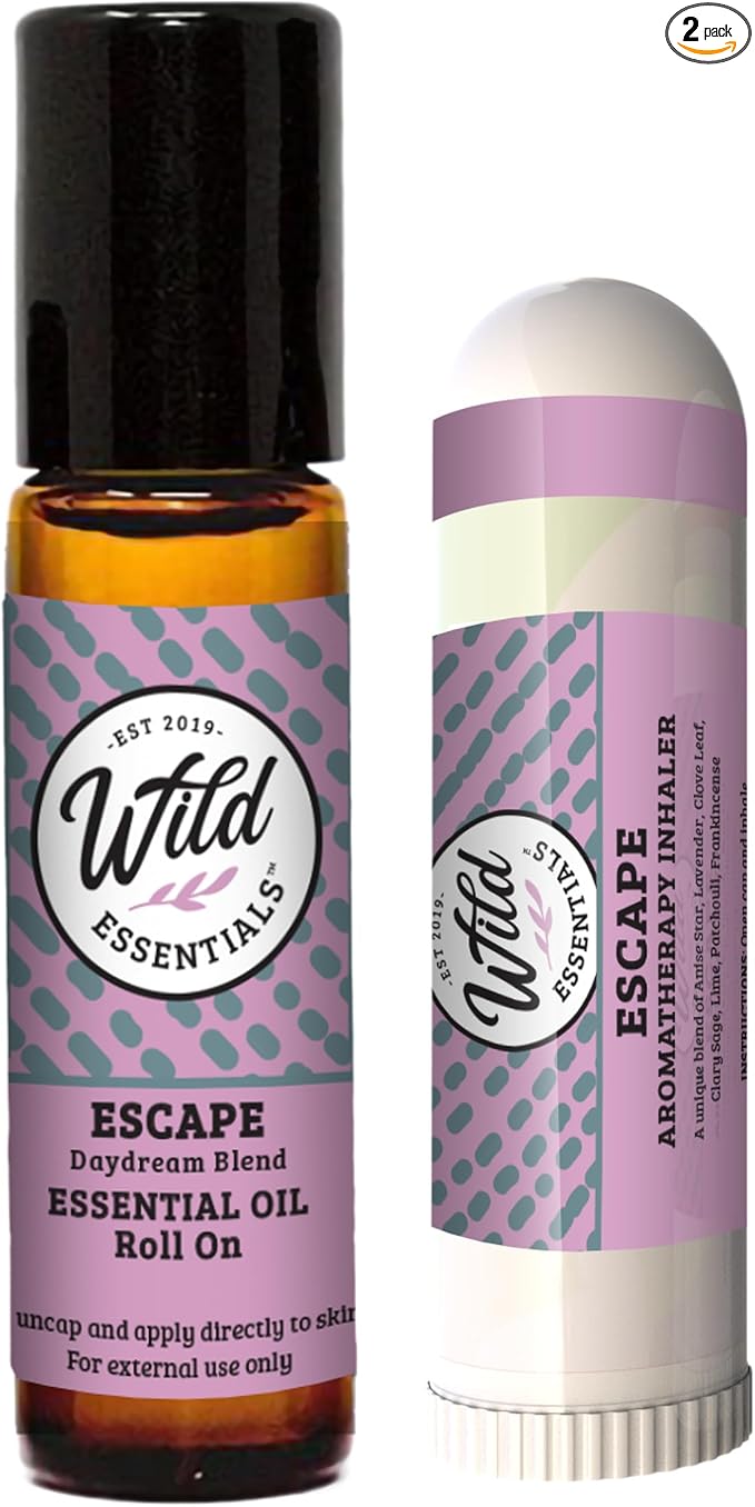 Wild Essentials Escape Essential Oil Blend 2-Pack – Roll-On & Aromatherapy Inhaler for Relaxation, Stress Relief, and Mood Support