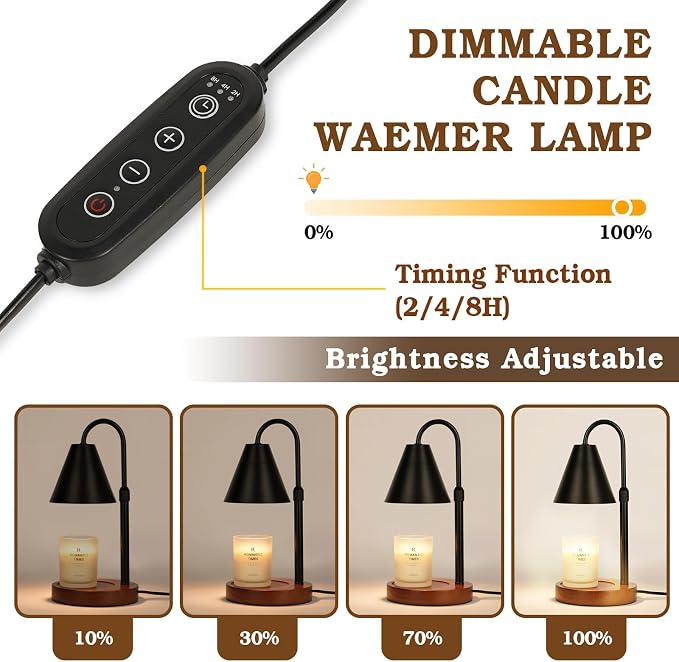 Candle Warmer Lamp with Timer Dimmable,Mothers Day Birthday Gifts for Women Mom, Adiustable Height Modern Candle Warmer Black Candle Lamp for Jar Candle, Home Decor Vintage Wax Warmer with 2 Bulbs