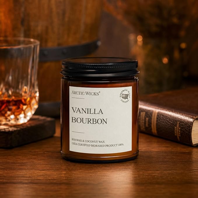 Vanilla Bourbon Candle | Arctic Wicks 9oz Coconut & Beeswax Candles | Scented Non-Toxic Candles for Fall, Winter, Holidays, Gifts for Him, Whiskey Bourbon, Vanilla Candle | USDA Certified Biobased