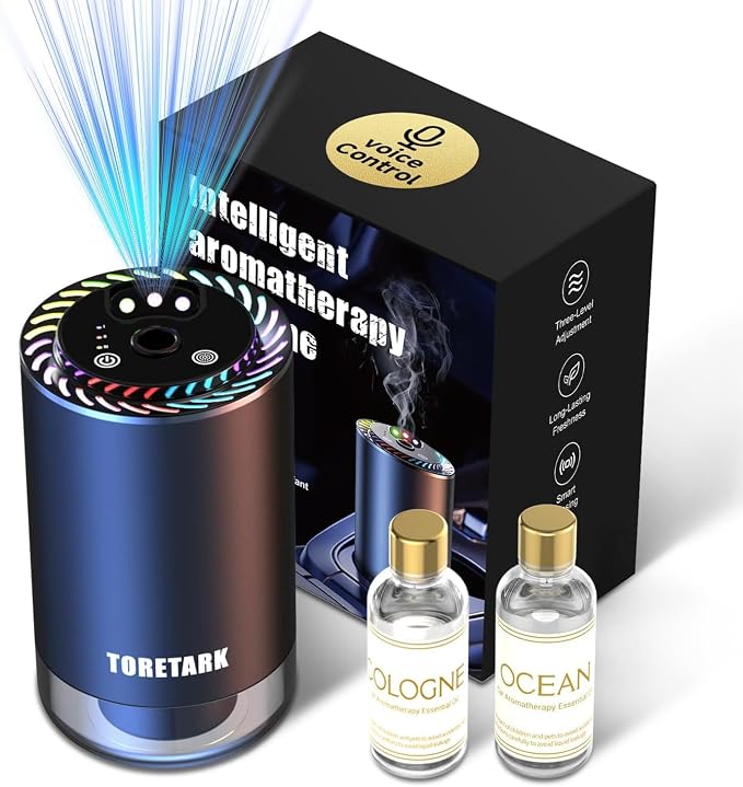 Smart Car Air Freshener Diffuser Voice Control with Starry Projection Light, 3 Adjustable Modes Intelligent Aromatherapy for Essential Oil, Smart Auto On/Off, Voice Edition (Cologne + Ocean)