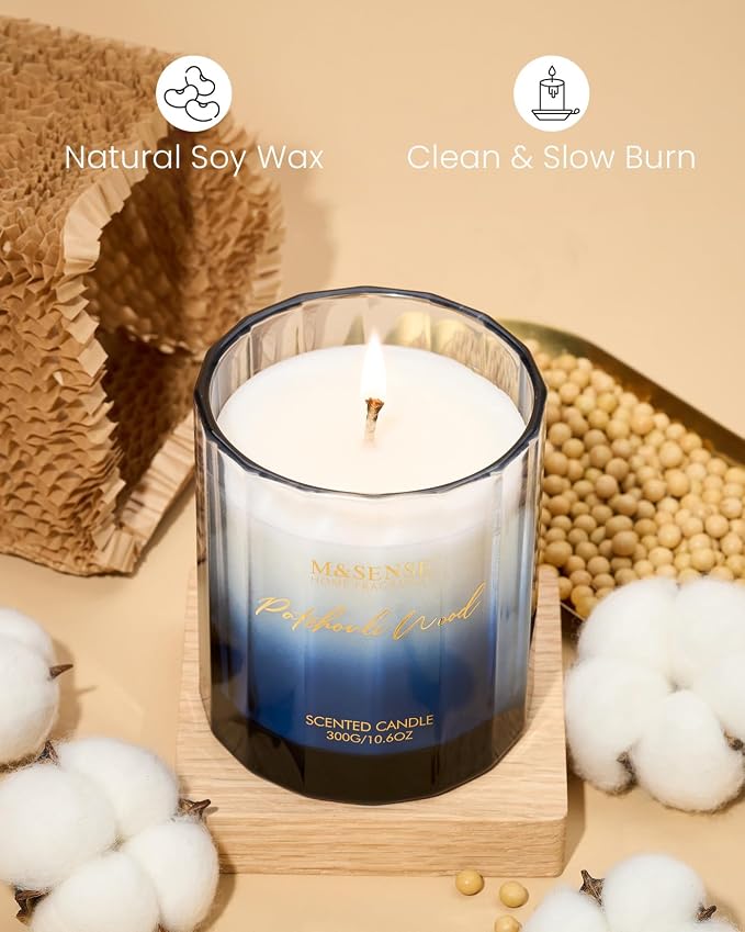 M&SENSE Sandalwood Patchouli Home Scented Candles, 10.6oz Natural Soy Wax | 60 Hours Long Lastig Slow Burn, Organic Non Toxic, Woody Scent Gifts for Men