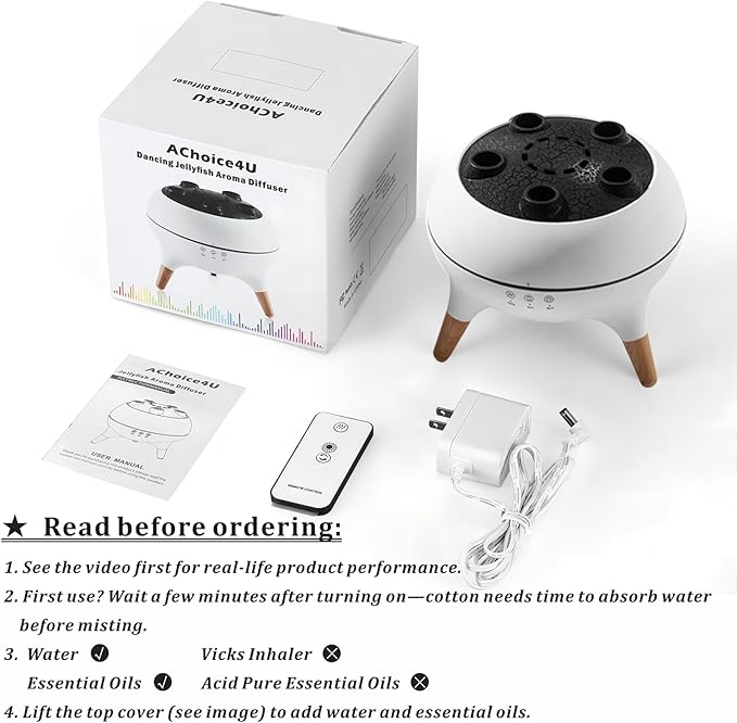 Essential Oil Diffuser 250ML Dancing Jellyfish Aromatherapy Diffuser Humidifier with 7 Colors LED Lights,Remote Control,Plug in for Bedroom,Office (White)
