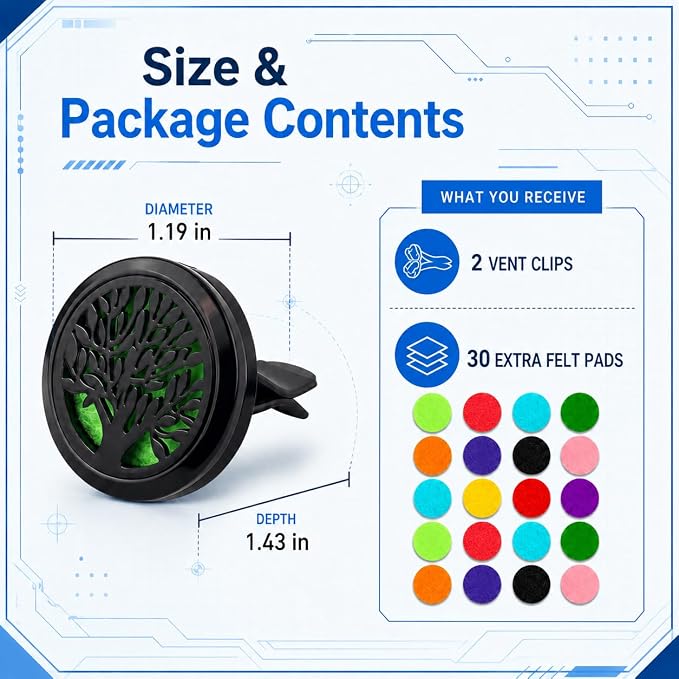 2PCS 30mm Car Aromatherapy Essential Oil Diffuser Stainless Steel Locket with Vent Clip 30 Felt Pads Tree of Life Pattern (Black)