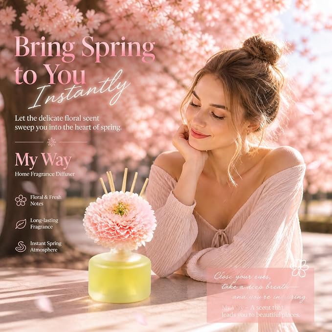 Reed Diffuser for Home – Inspired by My Way Fragrance – 3.38 Fl Oz – Includes Sakura Cherry Blossom Decorative Flower – Long Lasting Fragrance – Room Freshener for Bedroom, Bathroom, Office