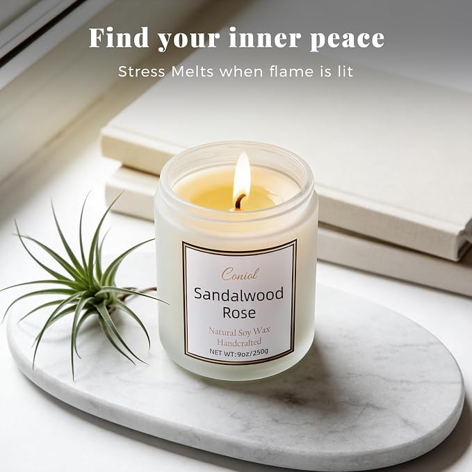Sandalwood Rose Strong Scented Soy Candle for Home,Non Toxic Natural Aromatheraphy Candles,50H Long Burning Smokeless Jar Candel, Home Fragance Gift for Stress Relief,Relax for Women Men(9oz)