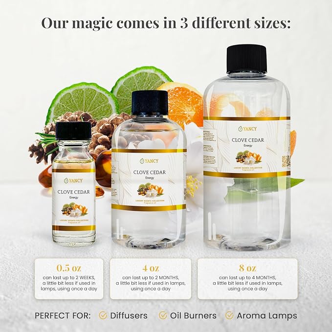 YANCY Clove Cedar Luxury Collection Fragrance Oil (4 oz), Earthy Clove and Cedarwood Aroma, Versatile Scent for Diffusers, Oil Burners & Aroma Lamps, Grounding Fragrance for Cozy Vibes