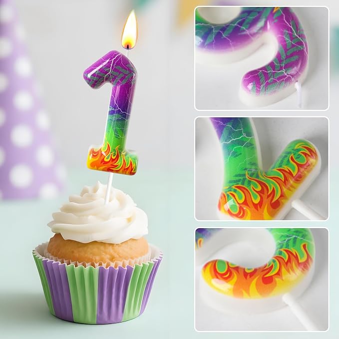 Number 4 Birthday Candle for Cake – Purple Green Flame Design with Lightning & Tire Track Pattern – Off-Road Truck Theme Cake Topper for Birthday Party Decoration