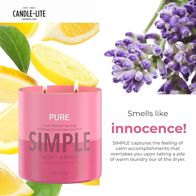 Candle-Lite Pure Jasmine & Amberwood Odor Eliminating Scented Candles, Neofresh Technology Eliminates 99.9% of Odors, 16 oz 2-Wick Jar, Proudly Poured in The USA, Up to 60 Hours Burn Time