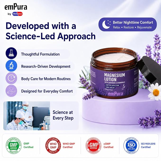 EMPURA Magnesium Lotion with Lavender & Chamomile – Fast Absorbing Magnesium Cream for Relaxation & Muscle Relief, Hand Leg or Foot Lotion, Self Care Gifts for Women, Relaxing Gifts for Women (6oz)