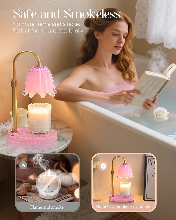 Flower Candle Warmer Lamp with Timer, Vintage Adjustable Glass Warmer Light for Jar Candles, Electric Wax Warming Melter, Gifts for Women Mom, Bedroom Decor (Pink-Flower)