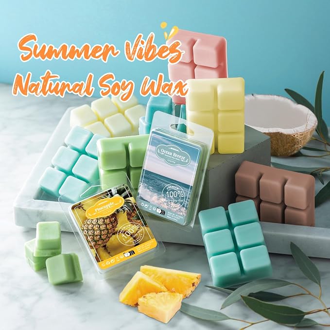 ARVIDSSON Summer Scented Wax Melts, Tropical Soy Wax Cubes for Warmer, Strong Scent Fragrance Melts, Ocean Breeze, Pina Colada, Fresh Cotton, Pineapple and More, Candle Melts Gift Set