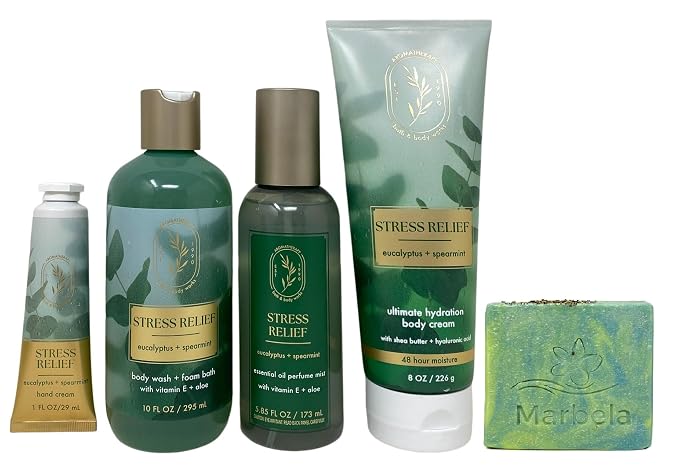 Bath & Body Works Aromatherapy Stress Relief Eucalyptus Spearmint - Body Cream, Body Wash & Foam Bath, Essential Oil Perfume Mist and Hand Cream - with a Fresh Forest Bar Soap
