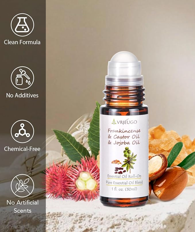 Organic Frankincense, Castor & Jojoba Oil Roll-On – 3-in-1 Blend 100% Pure Essential Oil Blend for Face & Body | Nourishing & Hydrating Body Firming Rollerball 30ML