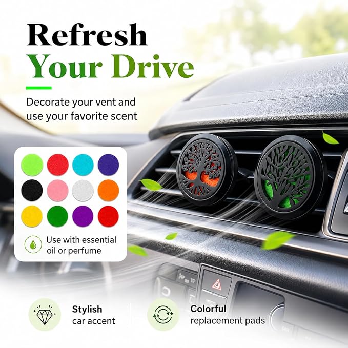 2PCS 30mm Car Aromatherapy Essential Oil Diffuser Stainless Steel Locket with Vent Clip 30 Felt Pads Tree of Life Pattern (Black)