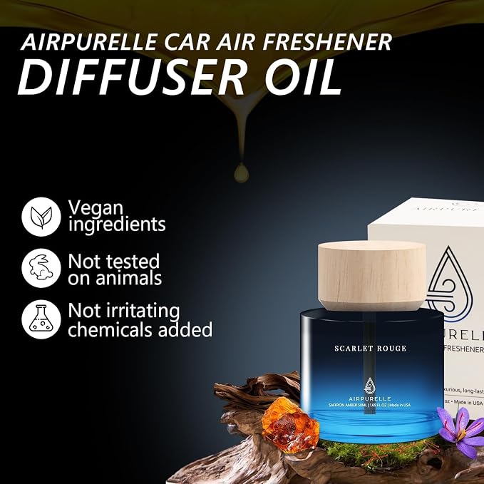 Car Air Freshener 50ML (1.7 FL OZ) Car Air Fresheners Perfume - Saffron Amber Fragrance Oil Air Diffuser for Car, 180+ days Long Lasting Fragrance, Car Air Freshner Wooden Cup Design, Made in USA