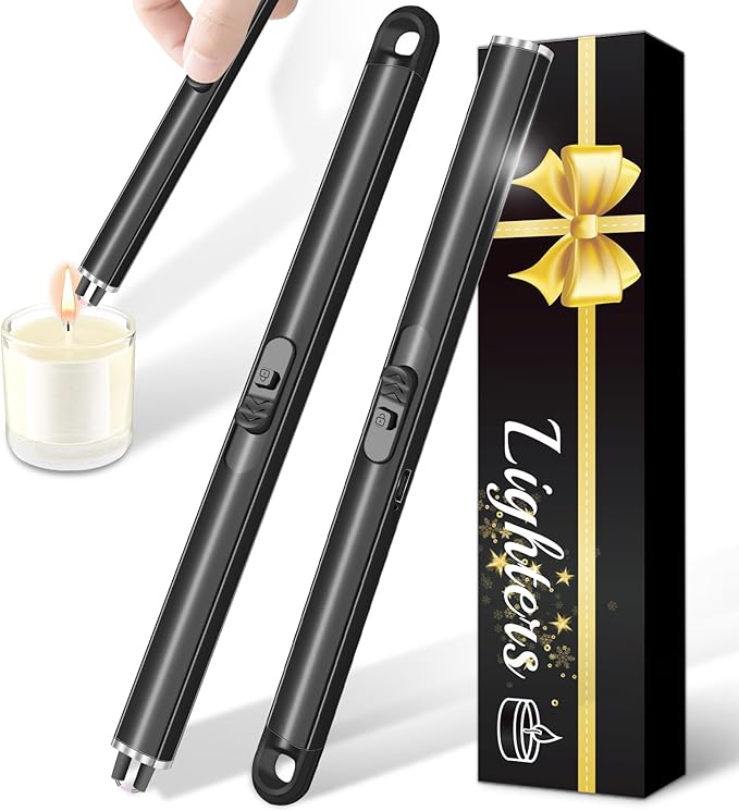 2 Pack Electric Candle Lighters, USB Rechargeable Lighter with Windproof Flameless & Extended Handle, Suitable for Candles, BBQ, Camping, Gas Stove, Festivals Gift (Black, 2 Packs-B)