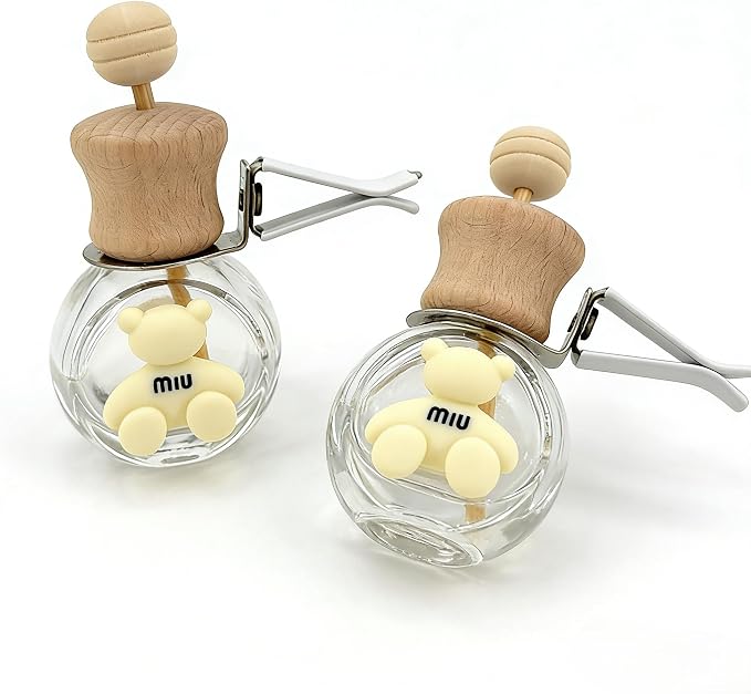 2 Pack Bear Car Vent Clip Diffuser Refillable Glass Bottle | Wood cap glass bottle with dropper, DIY essential oil freshener for car wardrobe bathroom home