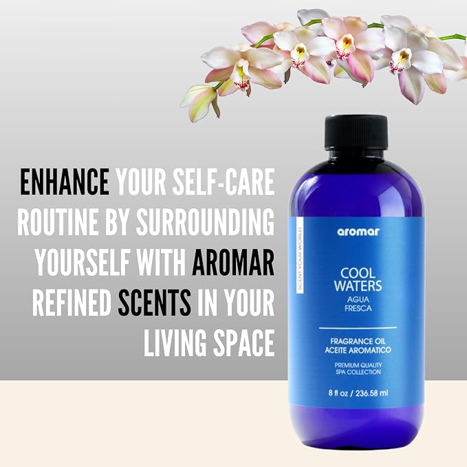 AROMAR Premium Fragrance Oil, Long-Lasting, Refreshing Uplifting Aroma for Aromatherapy, Relaxation & Household Uses. Cool Waters 8oz