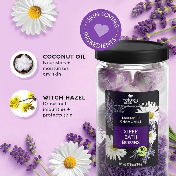 Nature’s Beauty Lavender Chamomile Sleep Bath Bomb Gift Set - Relaxing Spa Soak with Coconut Oil & Witch Hazel - Vanilla Citrus Scent - 2 Pack, 17.5 oz