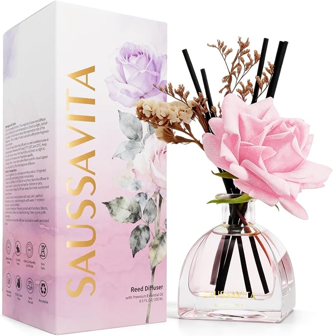 Reed Diffusers Set Rose Scented Diffuser for 140 Days, Flower Diffuser 8.5 fl oz with Dried Flowers and Decorative Rose, Long Lasting Home Fragrance with 10 Sticks for Bathroom, Shelf, Office Decor