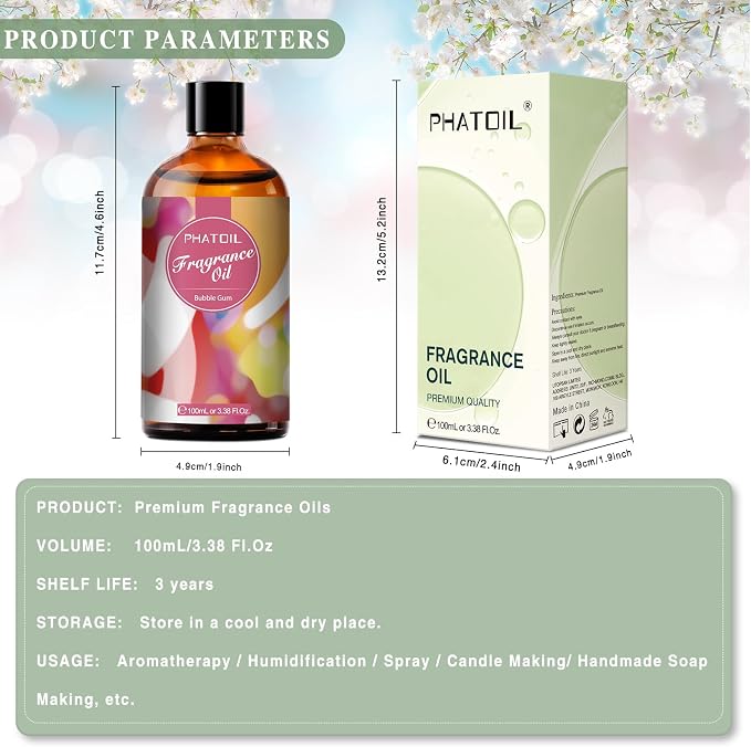PHATOIL 3.38FL.OZ Bubble Gum Fragrance Oils for Aromatherapy, Essential Oils for Diffusers for Home, Perfect for Diffuser, DIY Candle and Soap Making, DIY Scented Products - 100ml