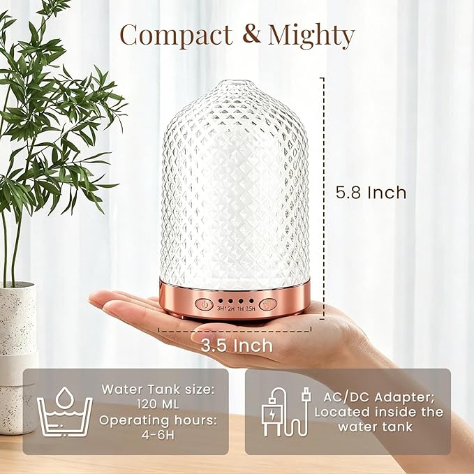 Essential Oil Diffuser, 120ML Glass Aromatherapy Diffuser with 7 Color Lights & Timer, Ultrasonic Small Humidifier with Auto Shut-Off for Home Office Bedroom (Glass-Diamond)
