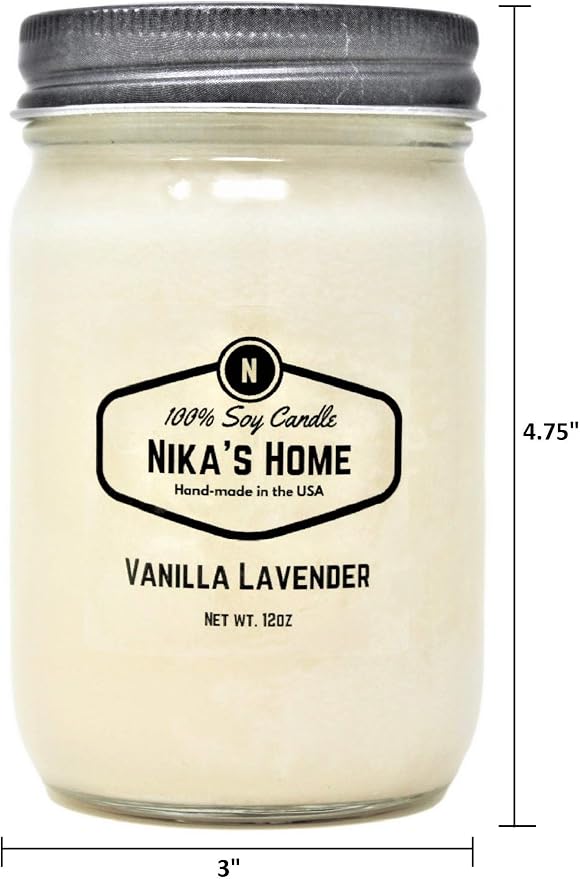 Nika's Home Vanilla Lavender Soy Candle - 12oz Mason Jar - Non-Toxic - Hand Poured in The USA, Long Burning 50-60 Hours Highly Scented All Natural, Clean Burning