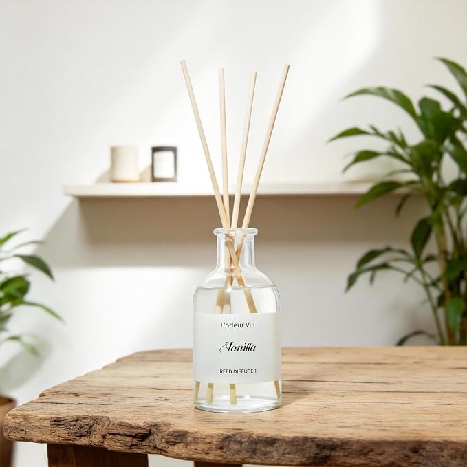 L'odeur Vill Reed Diffuser Set, 5.07 fl oz(150ml) Vanilla Reed Diffuser for Home Bathroom Diffuser with Long Lasting Scent Diffuser with 6 stricks Shelf Decor