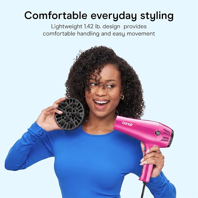 Conair Cord Keeper Hair Dryer | 1875W, Retractable Cord, for Multiple Hair Types, Includes Diffuser and Concentrator, Pink, 209BCX
