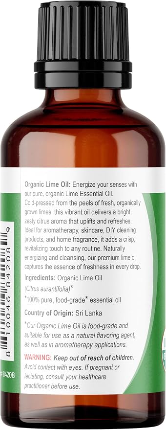 Viva Doria Lime Essential Oil, USDA Certified Organic Lime Oil, Redistilled, Sri-Lankan, 100% Pure, Natural Essential Oil, Undiluted, for Aromatherapy | Food Grade, 30 mL (1 Fluid Ounce)