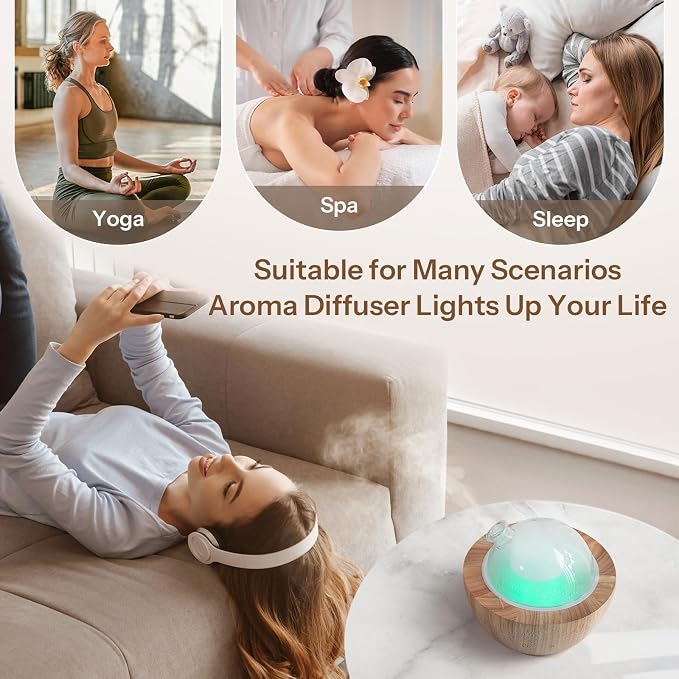 280ml Glass Essential Oil Diffuser with Natural Wood Base, The 2025 Upgrade Aromatherapy Diffusers for Home, Cool Mist Air Aroma Diffuse Humidifier with 7 Color Lights for Office, Bedroom